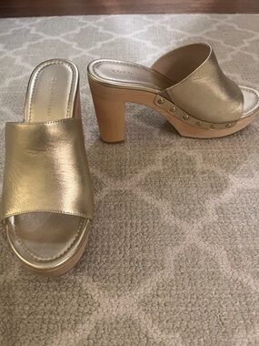 Gold Platform Slide Mules with Wood-Effect Heel